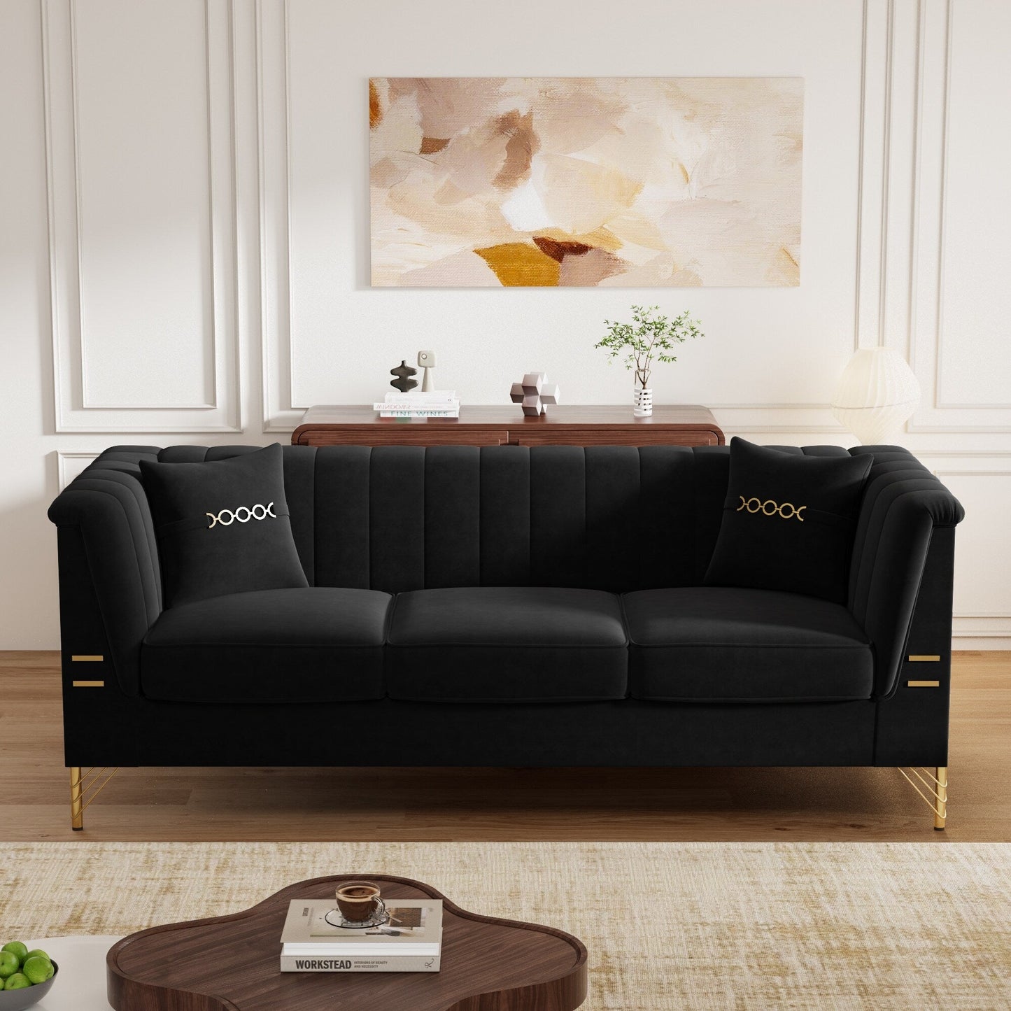Canapé 3 places moderne en velours 82,67 po, dossier capitonné à canaux verticaux, pieds en métal doré, style Chesterfield