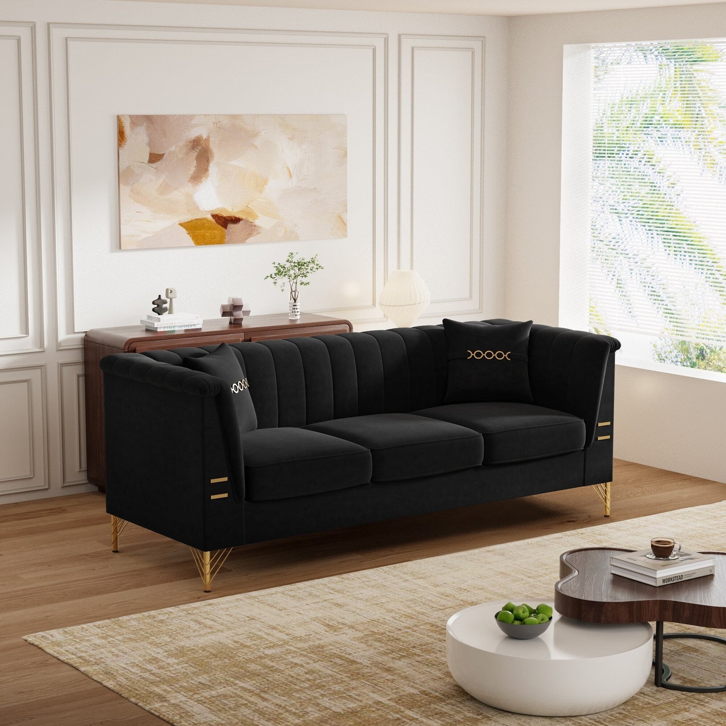 Canapé 3 places moderne en velours 82,67 po, dossier capitonné à canaux verticaux, pieds en métal doré, style Chesterfield