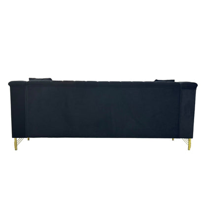 Canapé 3 places moderne en velours 82,67 po, dossier capitonné à canaux verticaux, pieds en métal doré, style Chesterfield