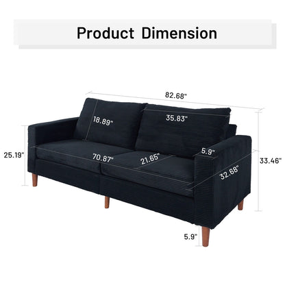 Causeuse rectangulaire 2 places en velours côtelé de 82,68 po de long, style milieu de siècle moderne, avec accoudoirs carrés