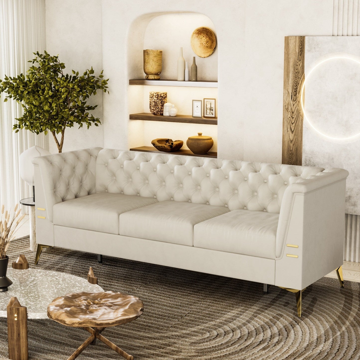Canapé 3 places moderne en velours de 82 pouces avec design capitonné et pieds en métal doré