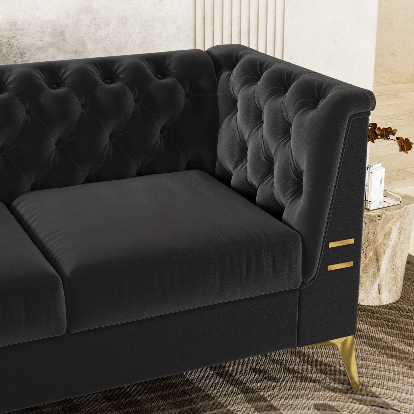 Canapé 3 places moderne en velours de 82 pouces avec design capitonné et pieds en métal doré