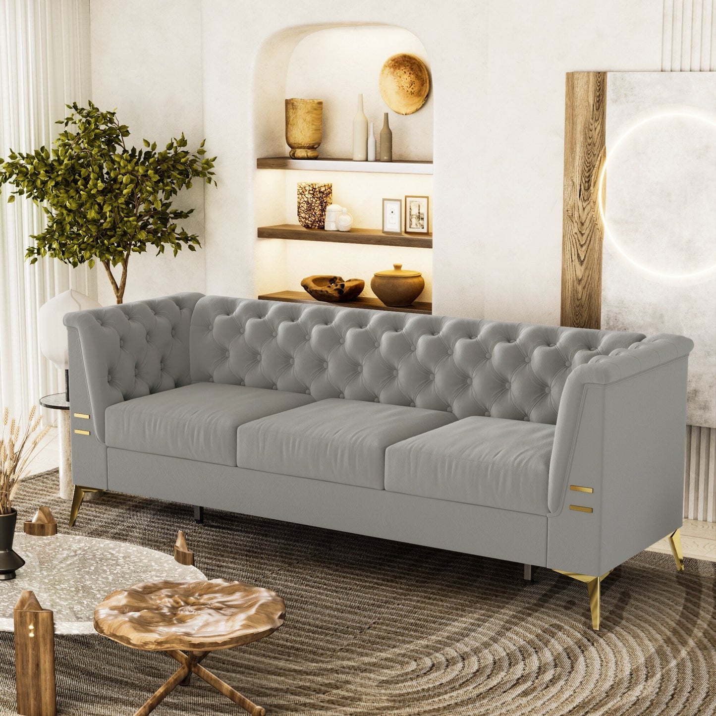 Canapé 3 places moderne en velours de 82 pouces avec design capitonné et pieds en métal doré