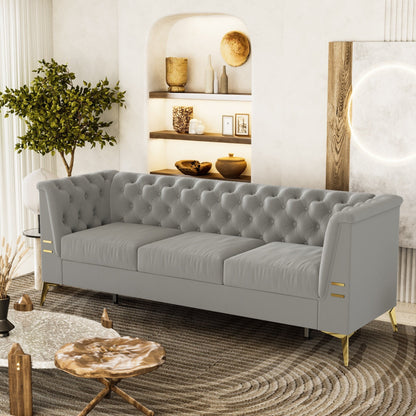 Canapé 3 places moderne en velours de 82 pouces avec design capitonné et pieds en métal doré