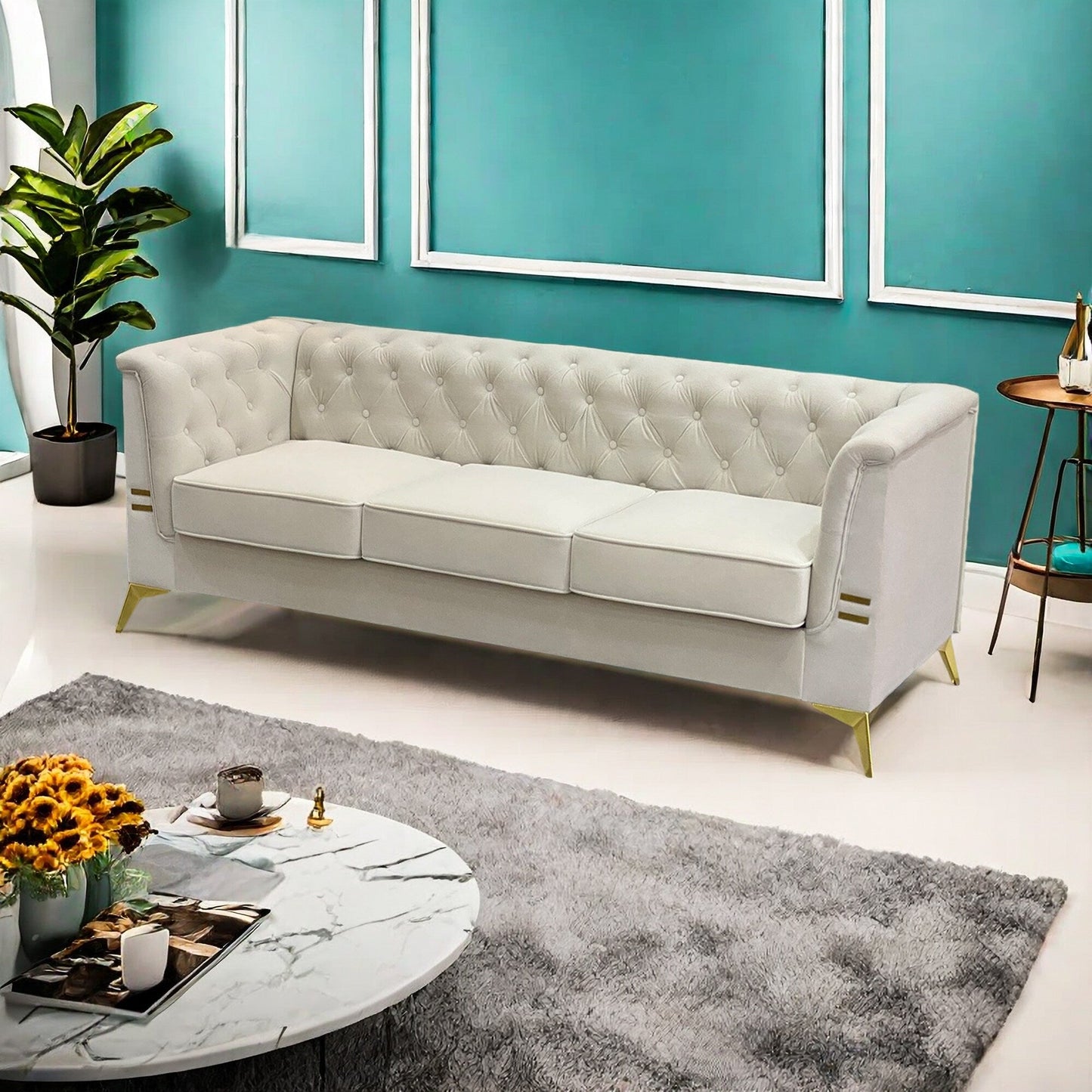 Canapé 3 places moderne en velours de 82 pouces avec design capitonné et pieds en métal doré