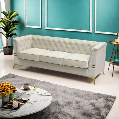 Canapé 3 places moderne en velours de 82 pouces avec design capitonné et pieds en métal doré