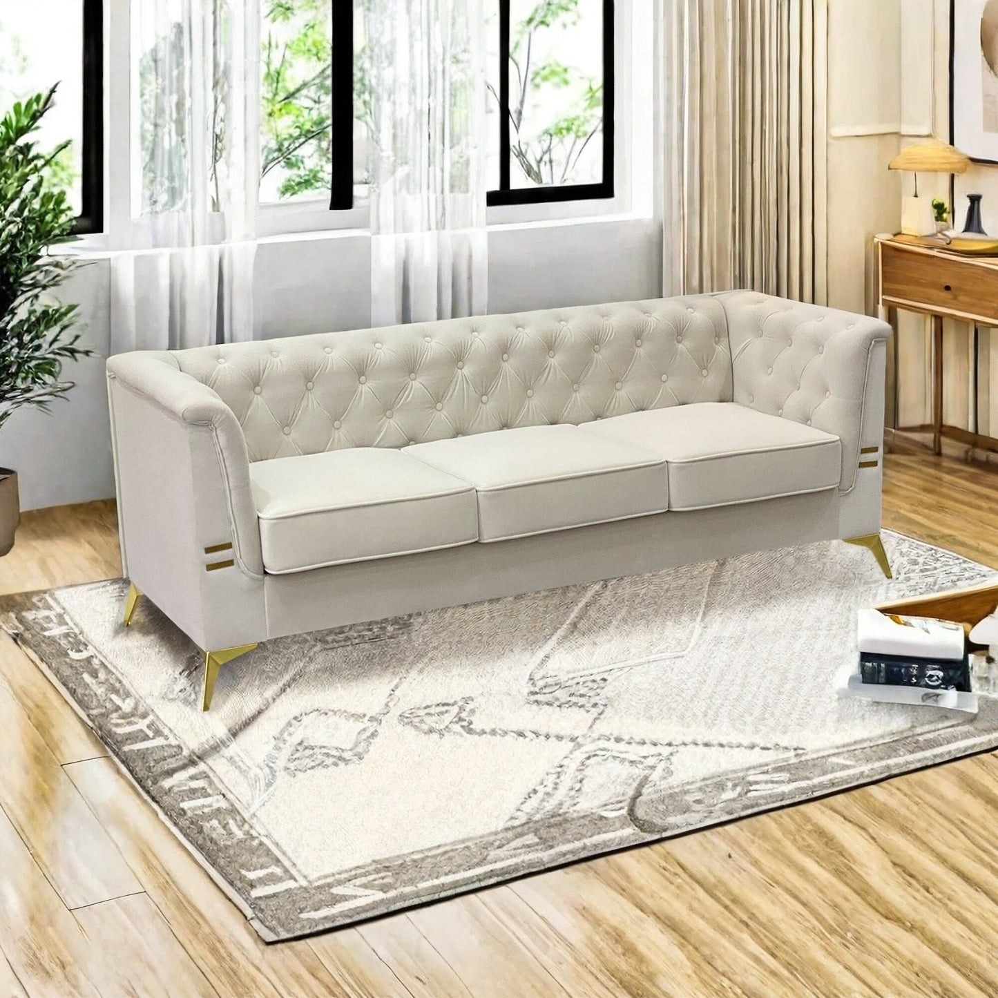 Canapé 3 places moderne en velours de 82 pouces avec design capitonné et pieds en métal doré