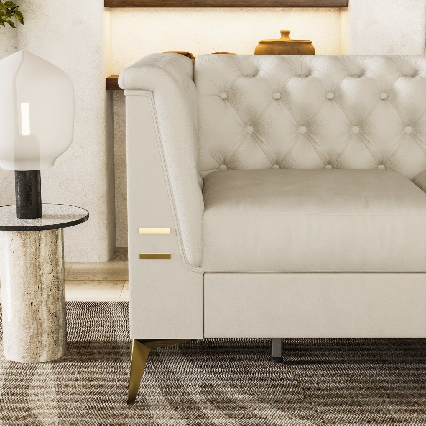 Canapé 3 places moderne en velours de 82 pouces avec design capitonné et pieds en métal doré