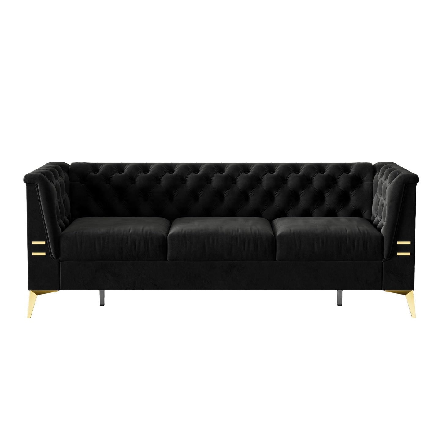 Canapé 3 places moderne en velours de 82 pouces avec design capitonné et pieds en métal doré