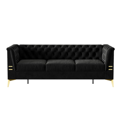 Canapé 3 places moderne en velours de 82 pouces avec design capitonné et pieds en métal doré