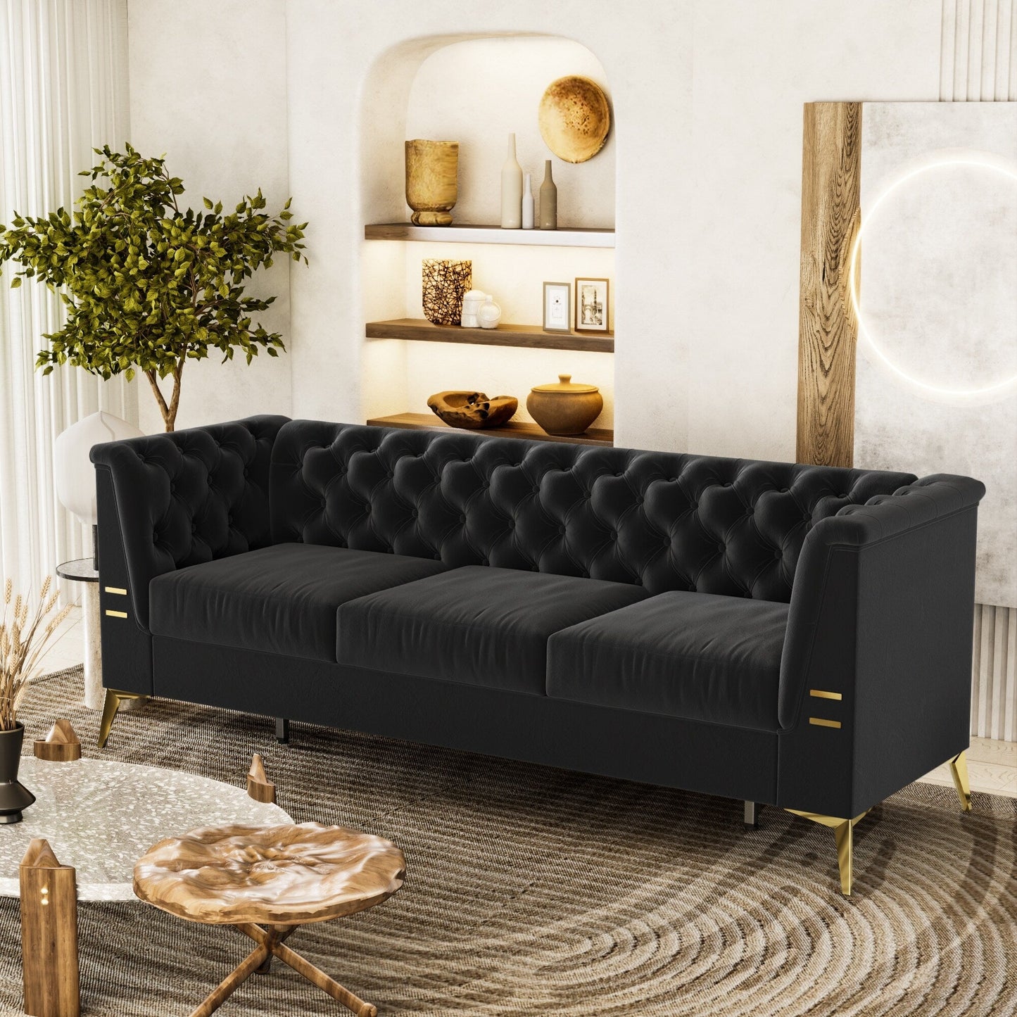 Canapé 3 places moderne en velours de 82 pouces avec design capitonné et pieds en métal doré