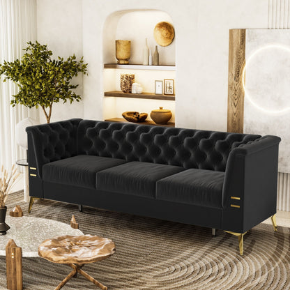 Canapé 3 places moderne en velours de 82 pouces avec design capitonné et pieds en métal doré