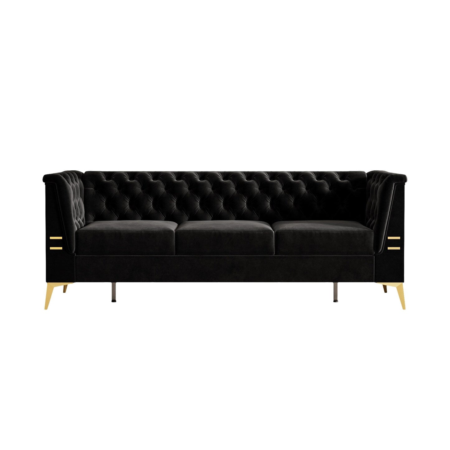 Canapé 3 places moderne en velours de 82 pouces avec design capitonné et pieds en métal doré