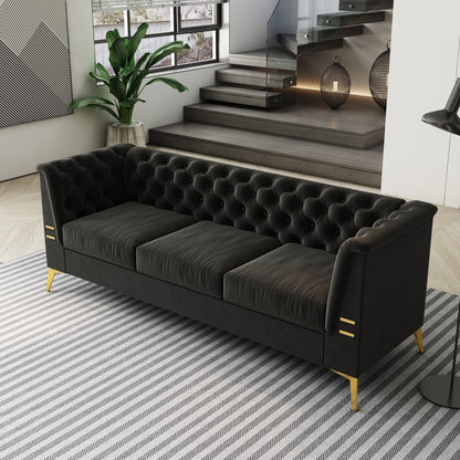 Canapé 3 places moderne en velours de 82 pouces avec design capitonné et pieds en métal doré