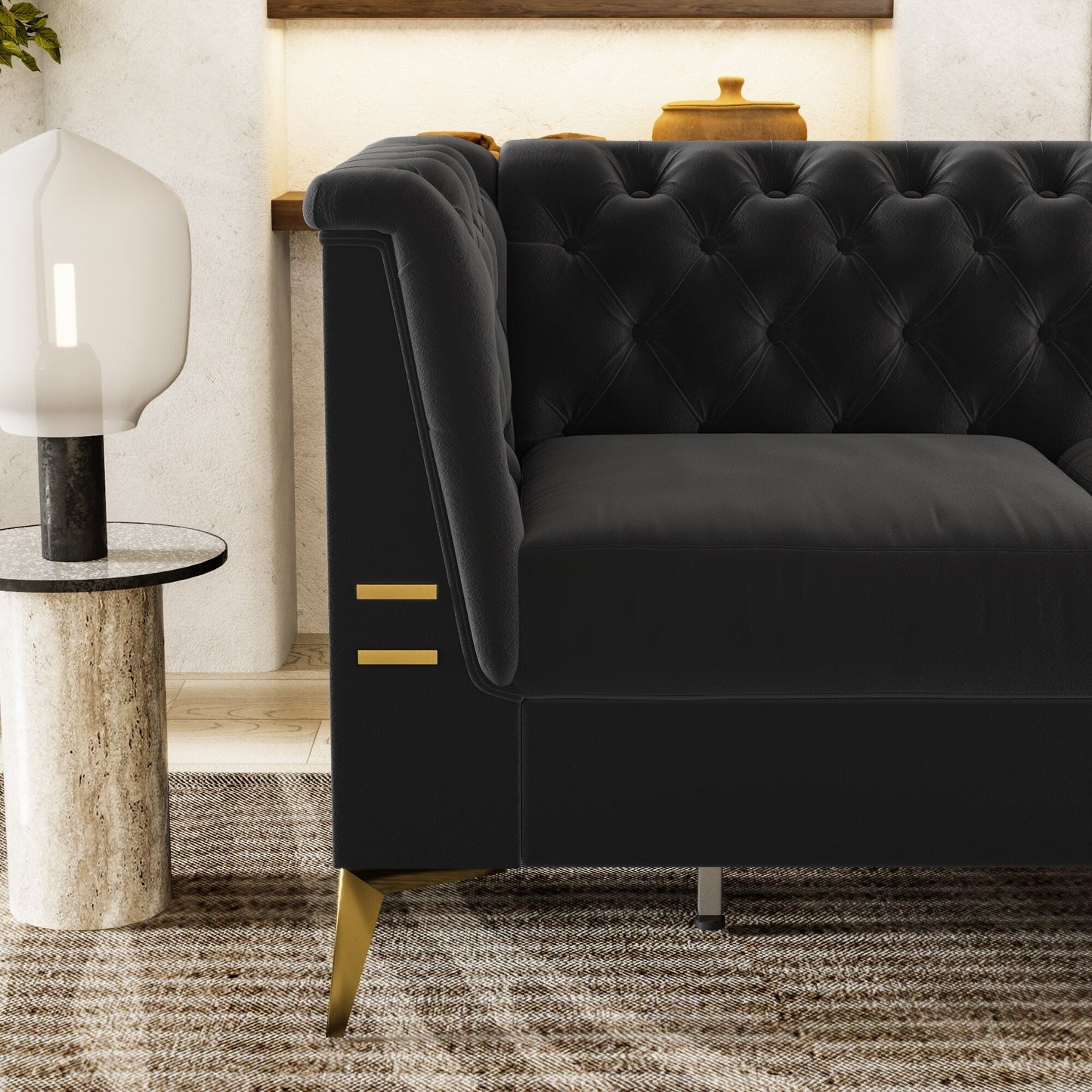 Canapé 3 places moderne en velours de 82 pouces avec design capitonné et pieds en métal doré