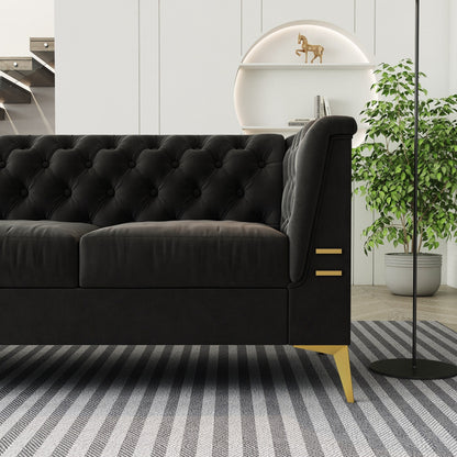 Canapé 3 places moderne en velours de 82 pouces avec design capitonné et pieds en métal doré