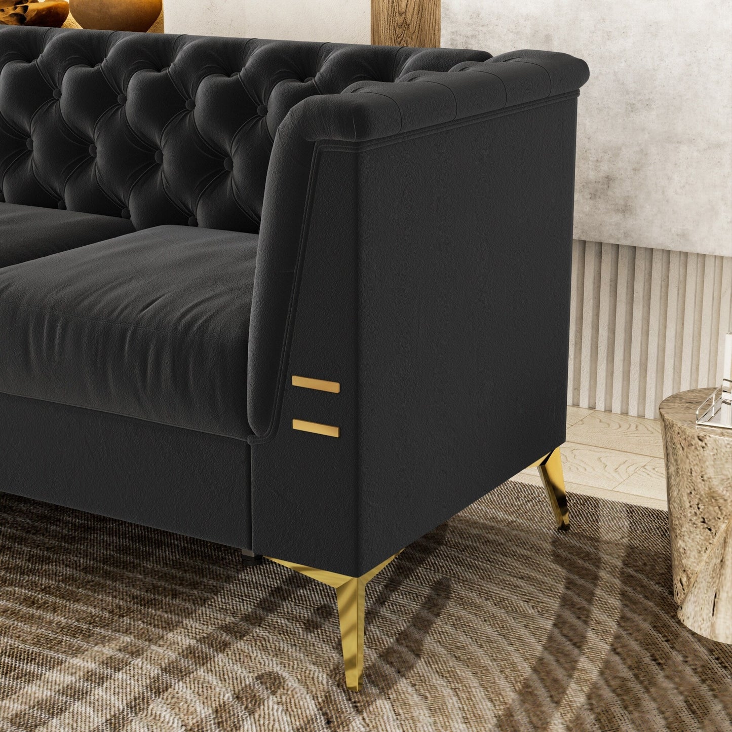 Canapé 3 places moderne en velours de 82 pouces avec design capitonné et pieds en métal doré