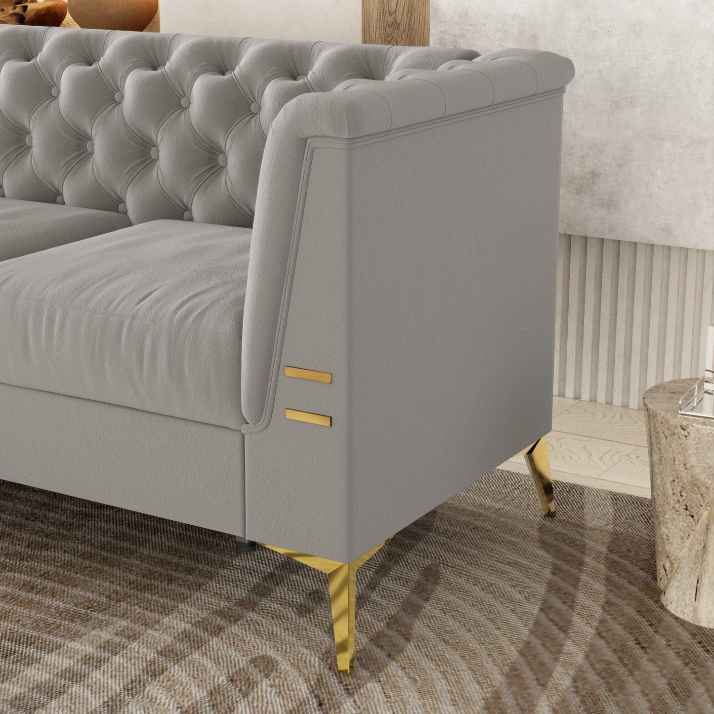Canapé 3 places moderne en velours de 82 pouces avec design capitonné et pieds en métal doré