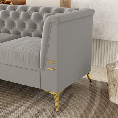 Canapé 3 places moderne en velours de 82 pouces avec design capitonné et pieds en métal doré