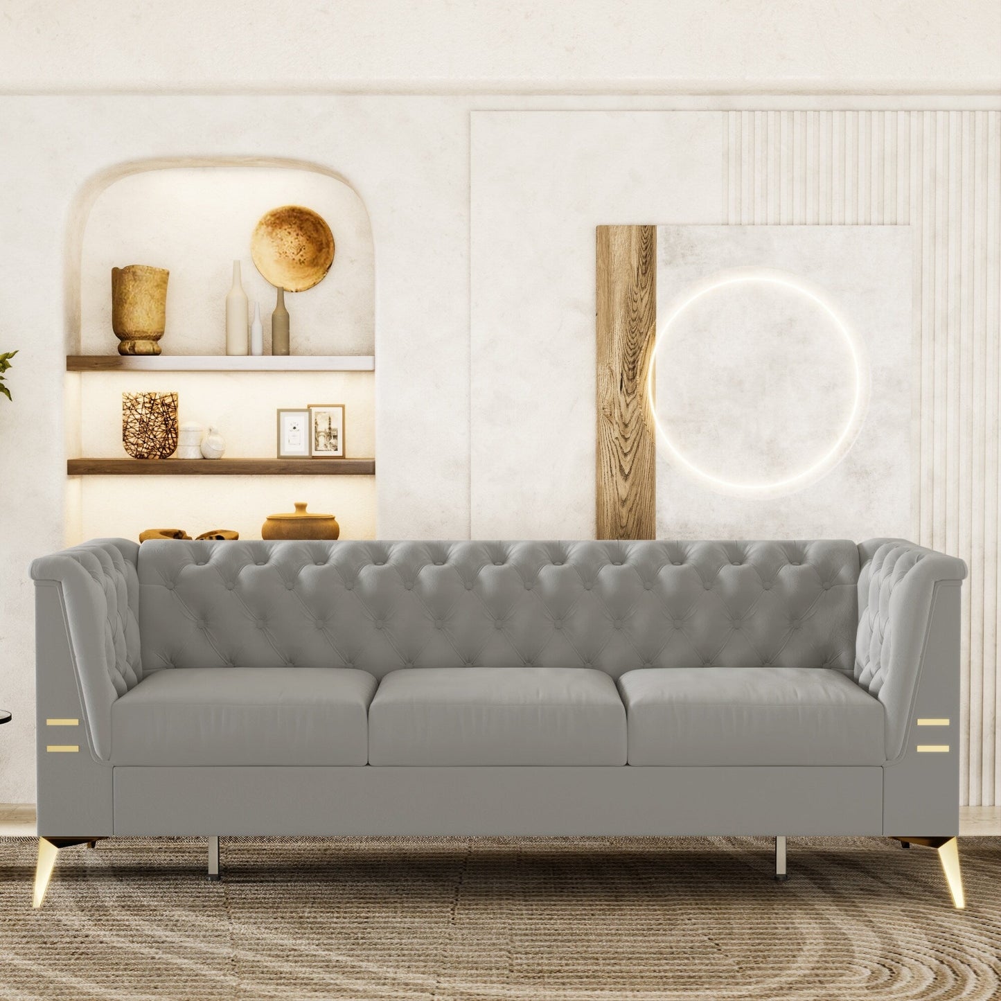 Canapé Chesterfield 3 places en velours de 82 pouces avec pieds en métal doré, rembourrage en éponge à rebond élevé et coussins amovibles