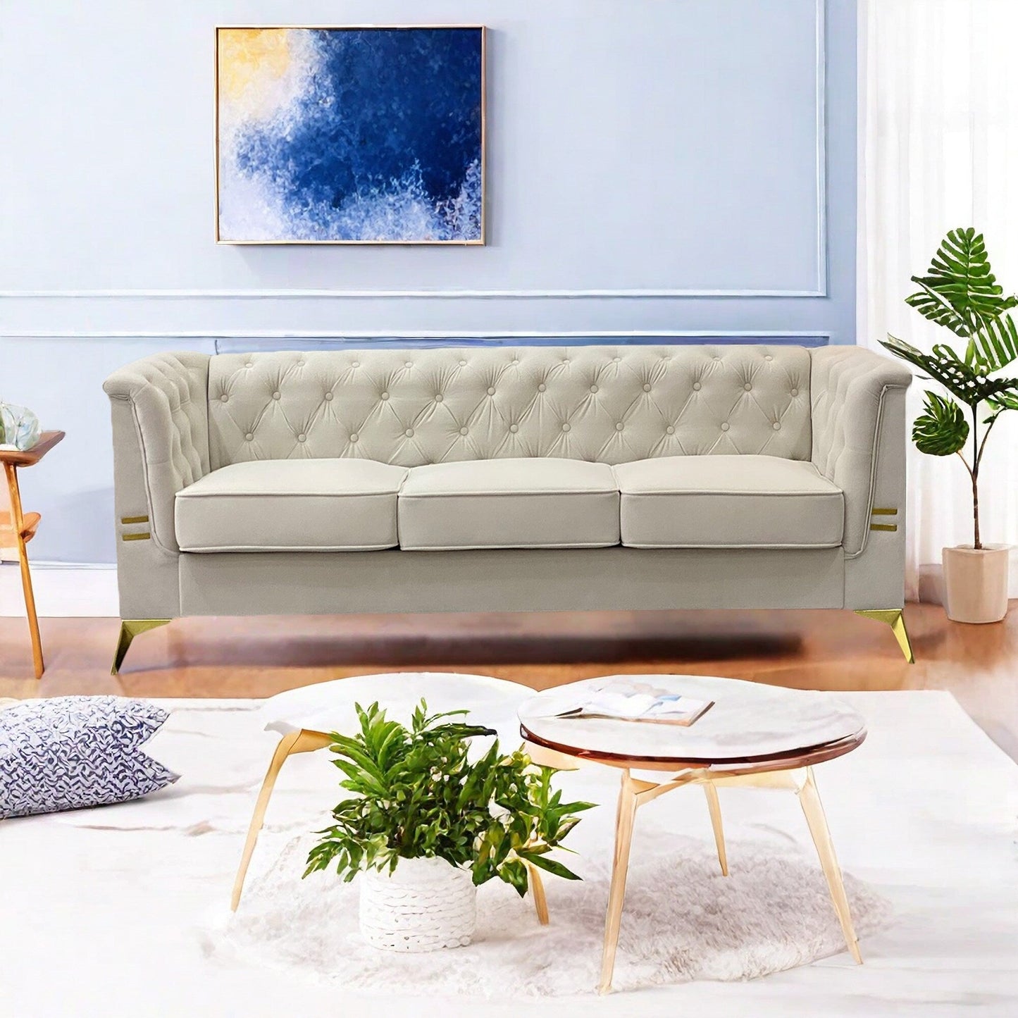 Canapé Chesterfield 3 places en velours de 82 pouces avec pieds en métal doré, rembourrage en éponge à rebond élevé et coussins amovibles