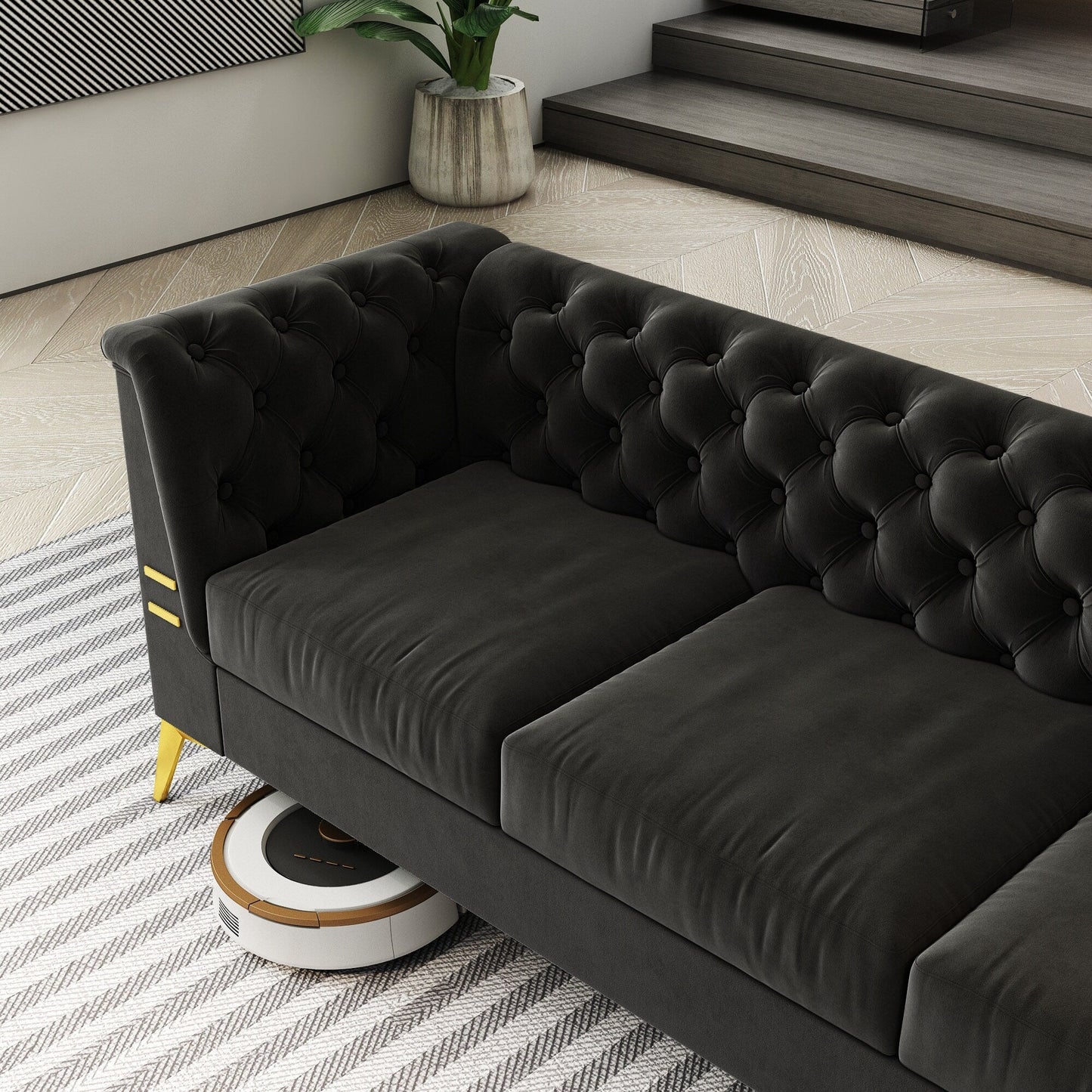 Canapé Chesterfield 3 places en velours de 82 pouces avec pieds en métal doré, rembourrage en éponge à rebond élevé et coussins amovibles