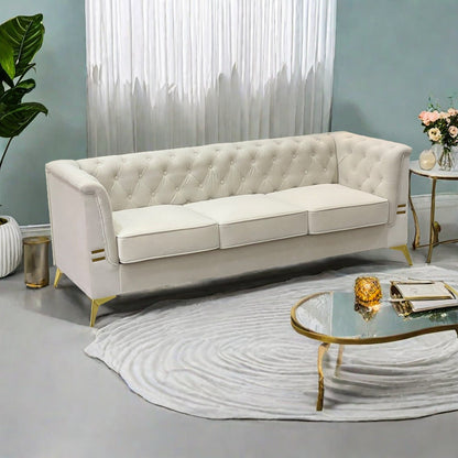 Canapé Chesterfield 3 places en velours de 82 pouces avec pieds en métal doré, rembourrage en éponge à rebond élevé et coussins amovibles
