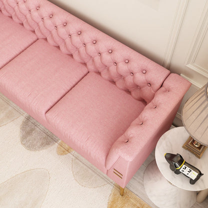 Canapé Chesterfield 3 places en velours de 82 pouces avec pieds en métal doré, rembourrage en éponge à rebond élevé et coussins amovibles