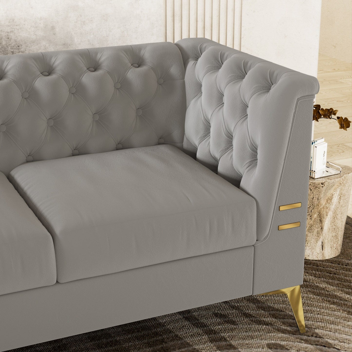 Canapé Chesterfield 3 places en velours de 82 pouces avec pieds en métal doré, rembourrage en éponge à rebond élevé et coussins amovibles