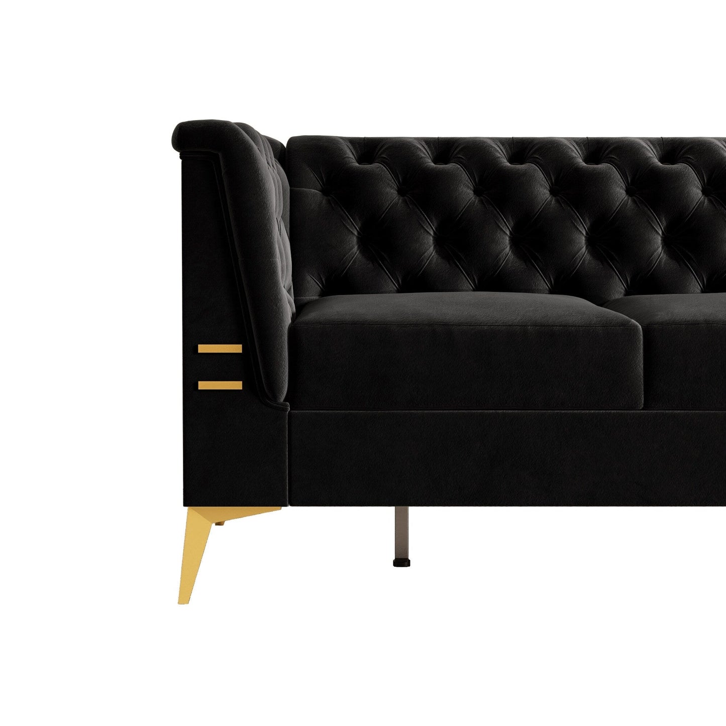 Canapé Chesterfield 3 places en velours de 82 pouces avec pieds en métal doré, rembourrage en éponge à rebond élevé et coussins amovibles