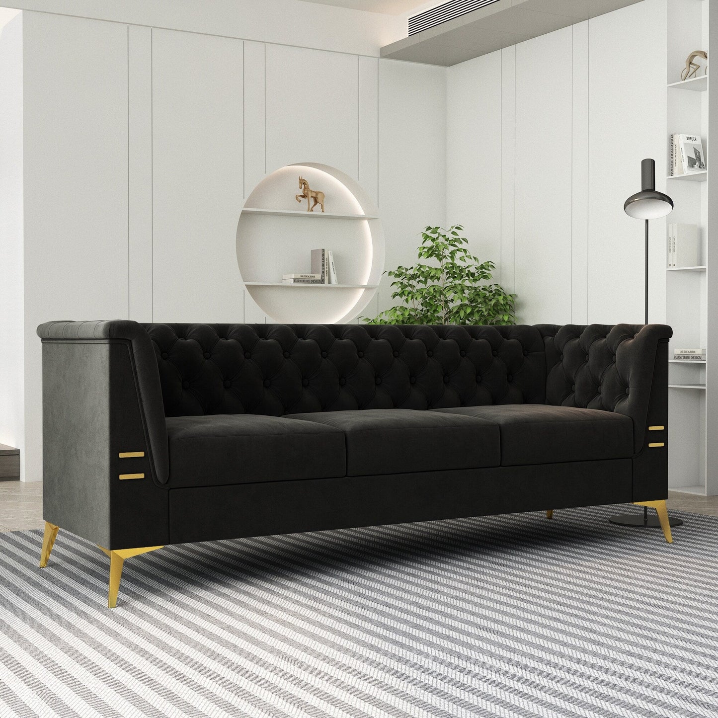 Canapé Chesterfield 3 places en velours de 82 pouces avec pieds en métal doré, rembourrage en éponge à rebond élevé et coussins amovibles