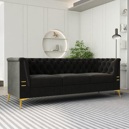 Canapé Chesterfield 3 places en velours de 82 pouces avec pieds en métal doré, rembourrage en éponge à rebond élevé et coussins amovibles
