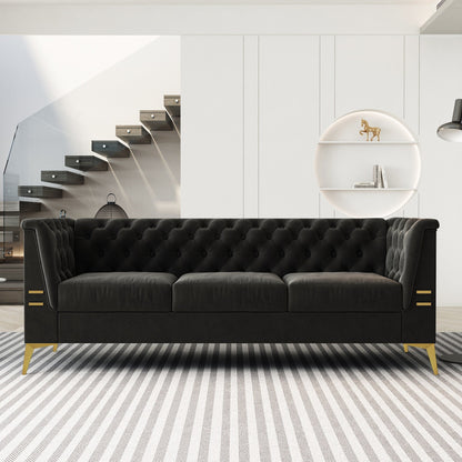 Canapé Chesterfield 3 places en velours de 82 pouces avec pieds en métal doré, rembourrage en éponge à rebond élevé et coussins amovibles