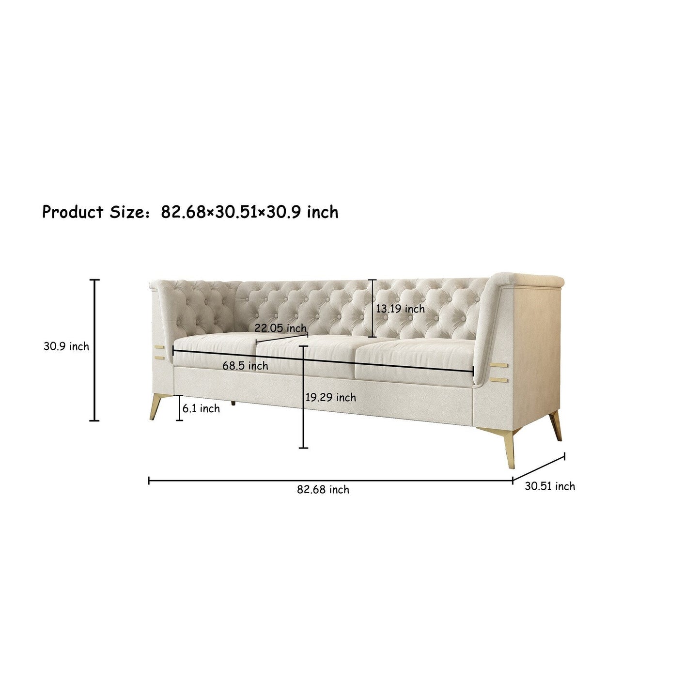 Canapé Chesterfield 3 places en velours de 82 pouces avec pieds en métal doré, rembourrage en éponge à rebond élevé et coussins amovibles