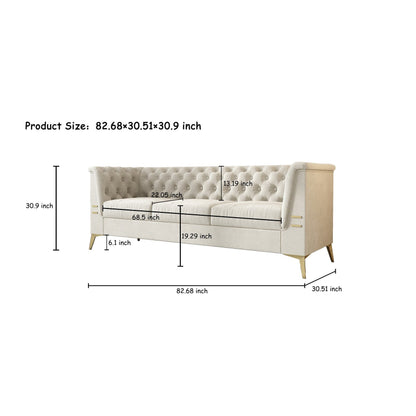 Canapé Chesterfield 3 places en velours de 82 pouces avec pieds en métal doré, rembourrage en éponge à rebond élevé et coussins amovibles