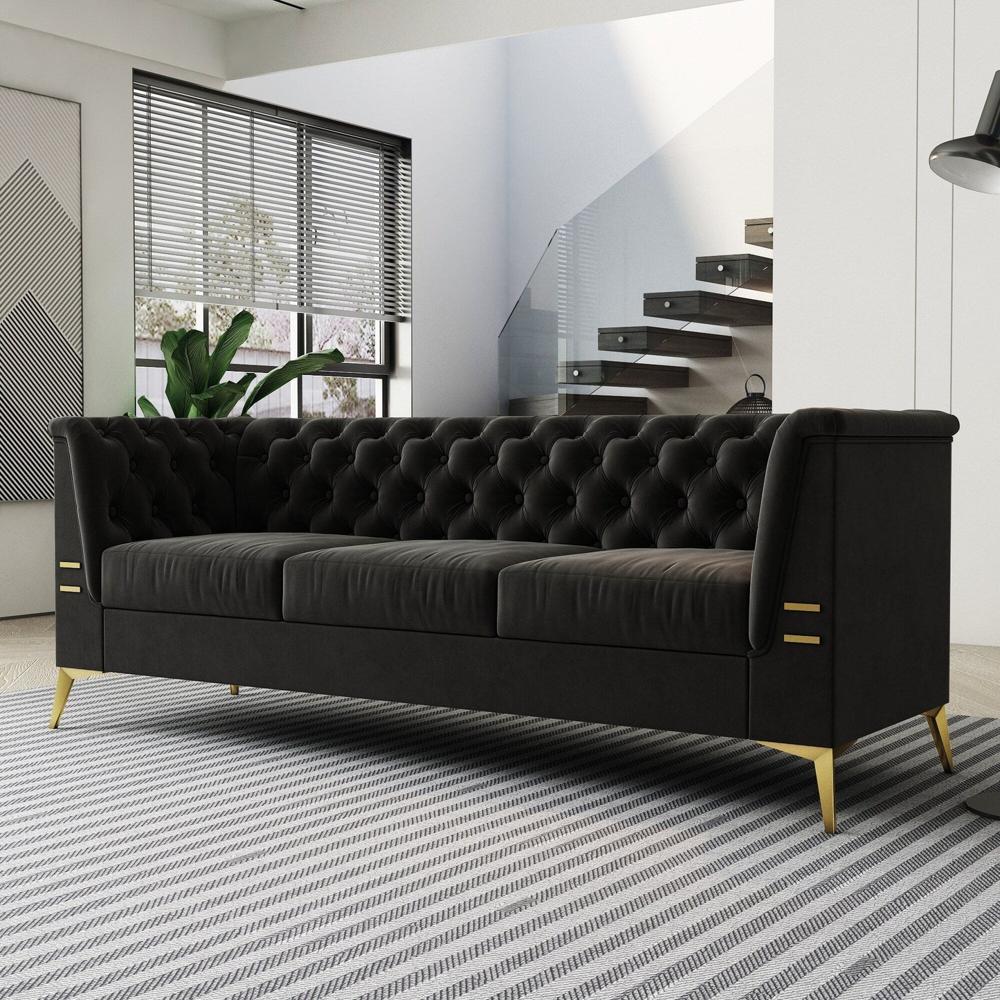 Canapé Chesterfield 3 places en velours de 82 pouces avec pieds en métal doré, rembourrage en éponge à rebond élevé et coussins amovibles