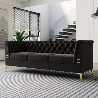 Canapé Chesterfield 3 places en velours de 82 pouces avec pieds en métal doré, rembourrage en éponge à rebond élevé et coussins amovibles