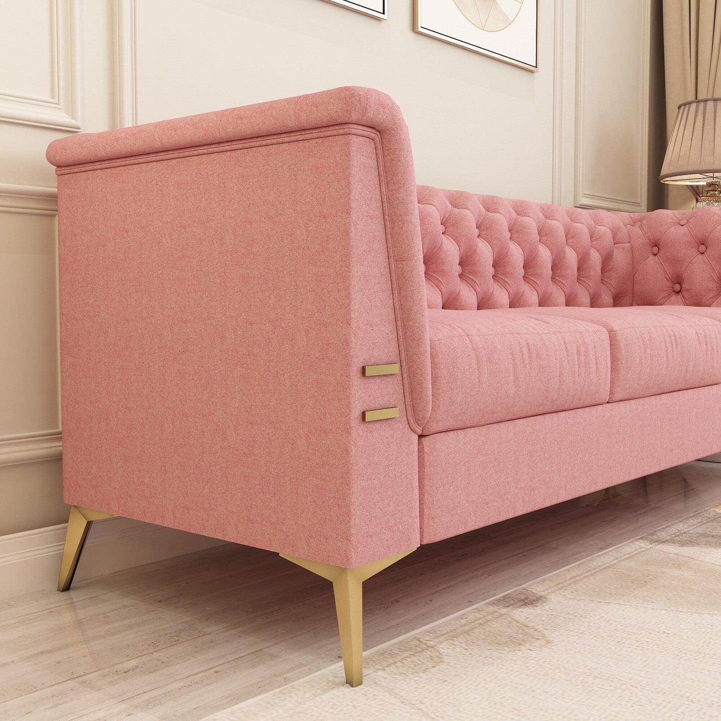 Canapé Chesterfield 3 places en velours de 82 pouces avec pieds en métal doré, rembourrage en éponge à rebond élevé et coussins amovibles
