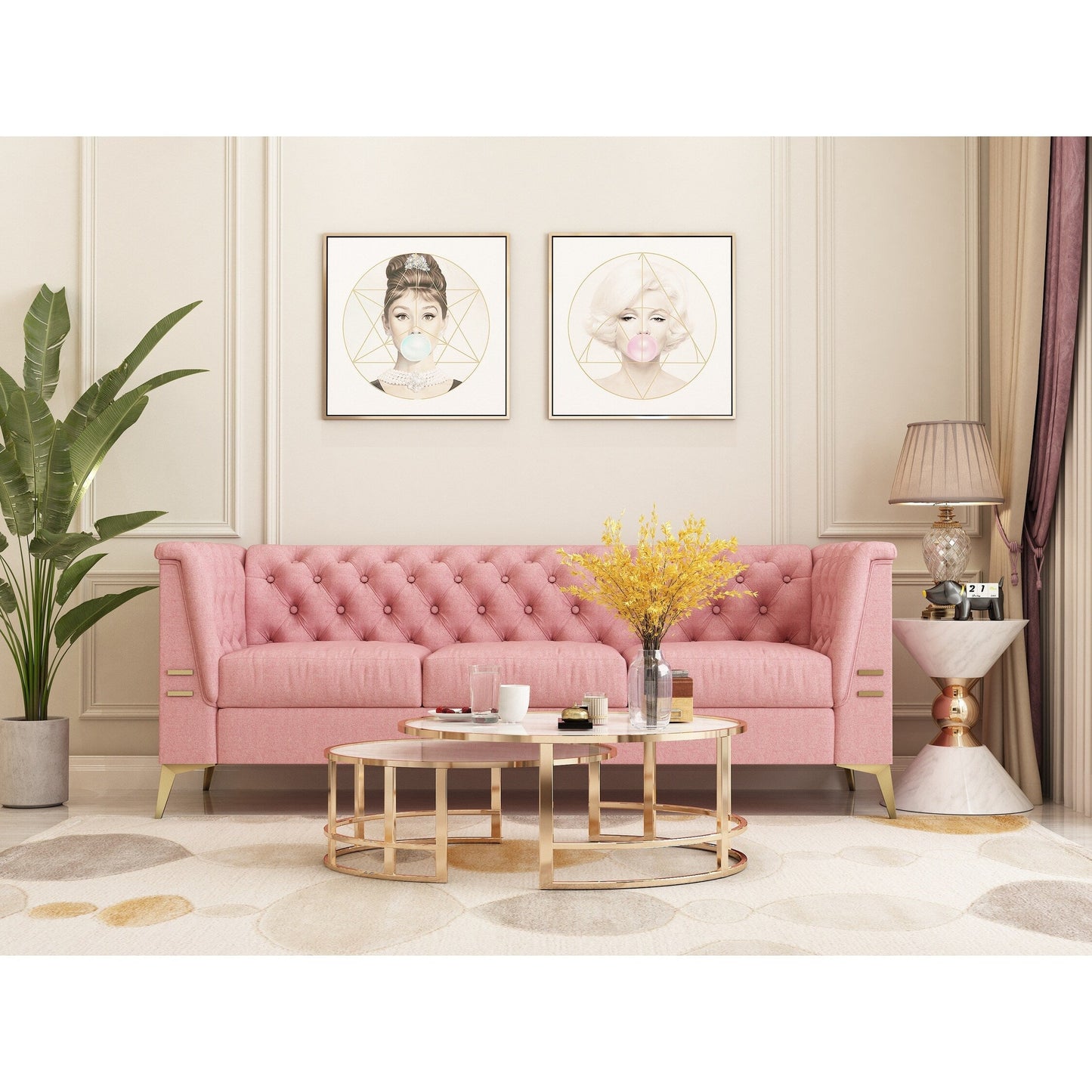 Canapé Chesterfield 3 places en velours de 82 pouces avec pieds en métal doré, rembourrage en éponge à rebond élevé et coussins amovibles