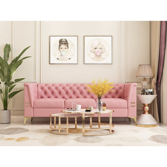 Canapé Chesterfield 3 places en velours de 82 pouces avec pieds en métal doré, rembourrage en éponge à rebond élevé et coussins amovibles