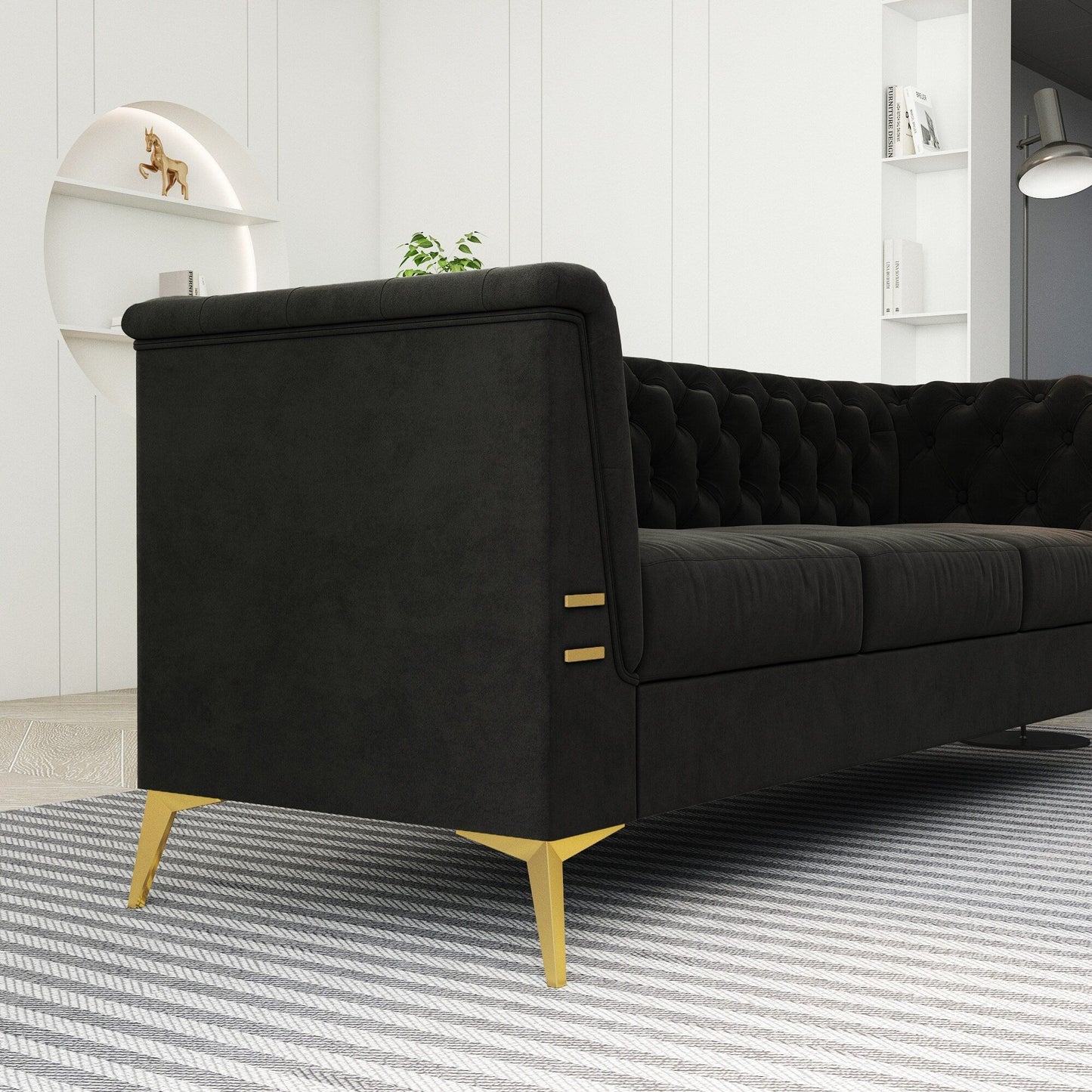 Canapé Chesterfield 3 places en velours de 82 pouces avec pieds en métal doré, rembourrage en éponge à rebond élevé et coussins amovibles