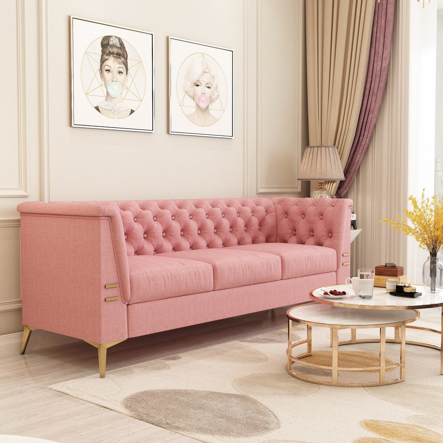 Canapé Chesterfield 3 places en velours de 82 pouces avec pieds en métal doré, rembourrage en éponge à rebond élevé et coussins amovibles