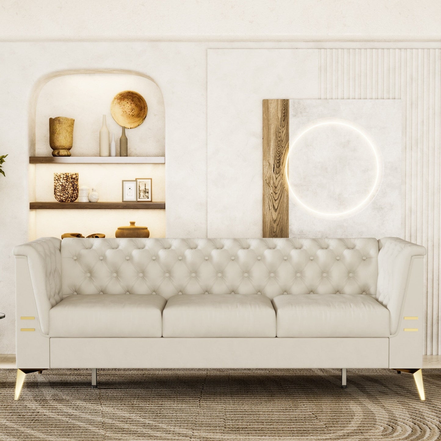 Canapé Chesterfield 3 places en velours de 82 pouces avec pieds en métal doré, rembourrage en éponge à rebond élevé et coussins amovibles