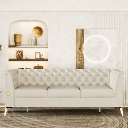 Canapé Chesterfield 3 places en velours de 82 pouces avec pieds en métal doré, rembourrage en éponge à rebond élevé et coussins amovibles