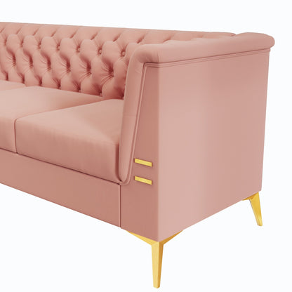 Canapé Chesterfield 3 places en velours de 82 pouces avec pieds en métal doré, rembourrage en éponge à rebond élevé et coussins amovibles