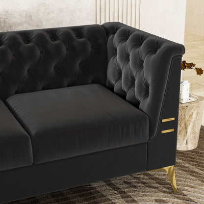 Canapé Chesterfield 3 places en velours de 82 pouces avec pieds en métal doré, rembourrage en éponge à rebond élevé et coussins amovibles