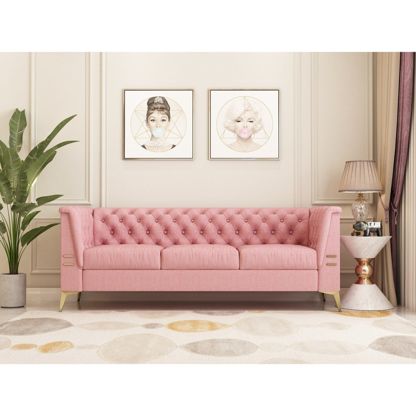 Canapé Chesterfield 3 places en velours de 82 pouces avec pieds en métal doré, rembourrage en éponge à rebond élevé et coussins amovibles