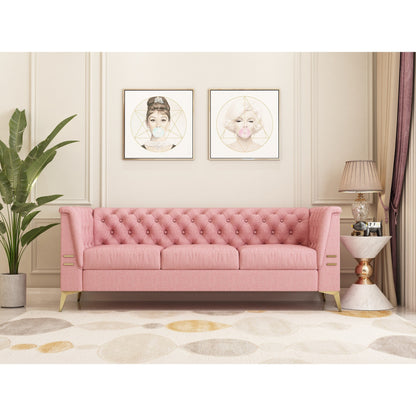 Canapé Chesterfield 3 places en velours de 82 pouces avec pieds en métal doré, rembourrage en éponge à rebond élevé et coussins amovibles