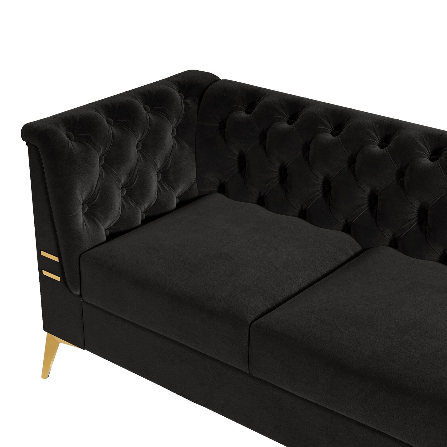Canapé Chesterfield 3 places en velours de 82 pouces avec pieds en métal doré, rembourrage en éponge à rebond élevé et coussins amovibles