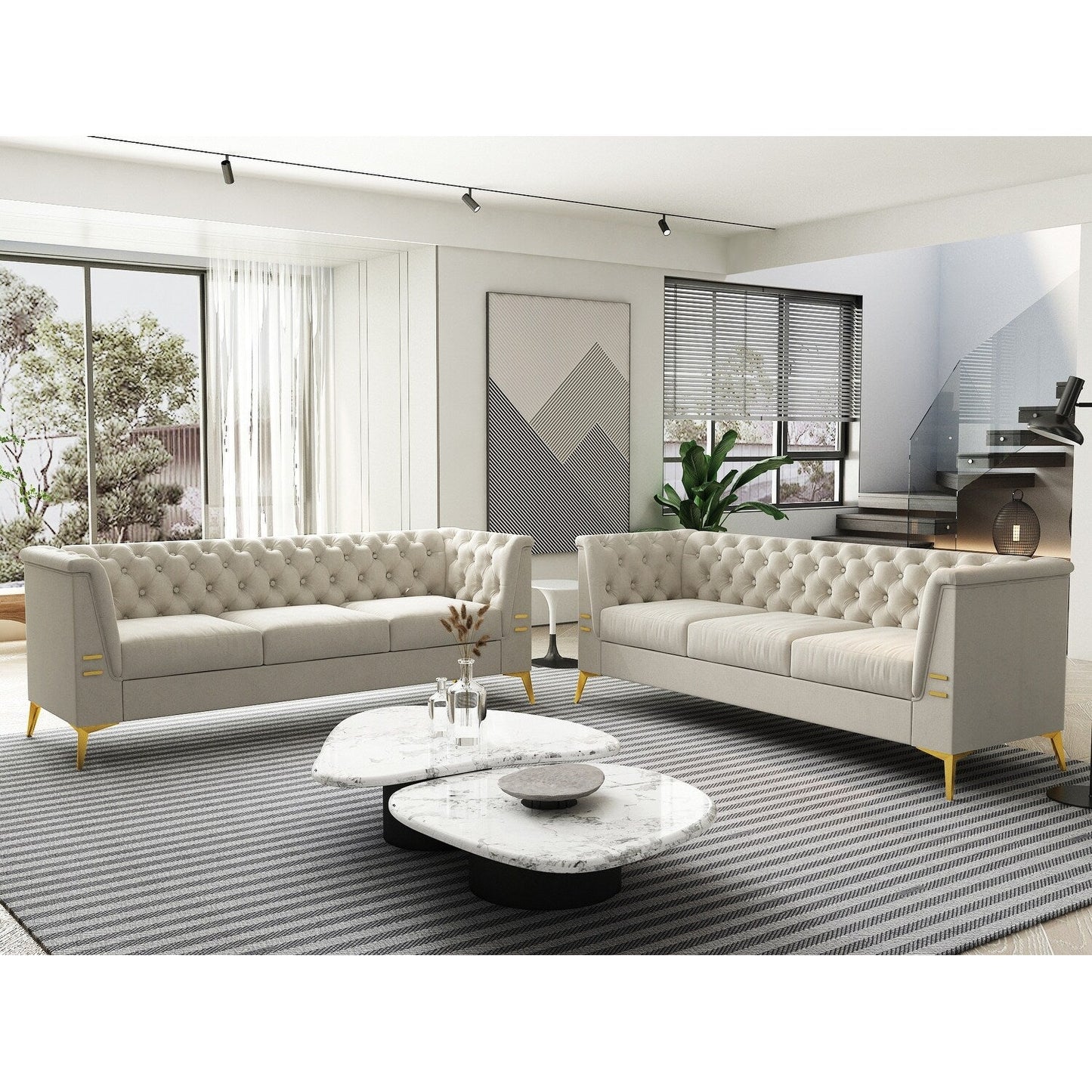 Canapé Chesterfield 3 places en velours de 82 pouces avec pieds en métal doré, rembourrage en éponge à rebond élevé et coussins amovibles